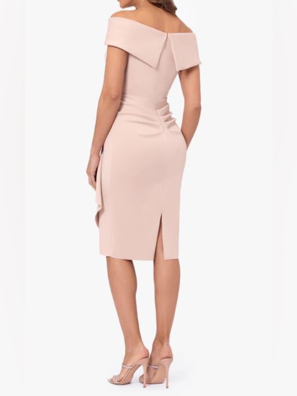 Xscape One-Shoulder Blush Peach Ruched Sheath Dress